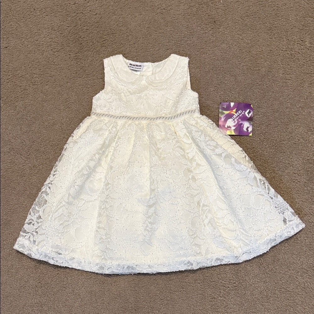 New Blueberi Boulevard Girl’s White Dress with White Lace Overlay